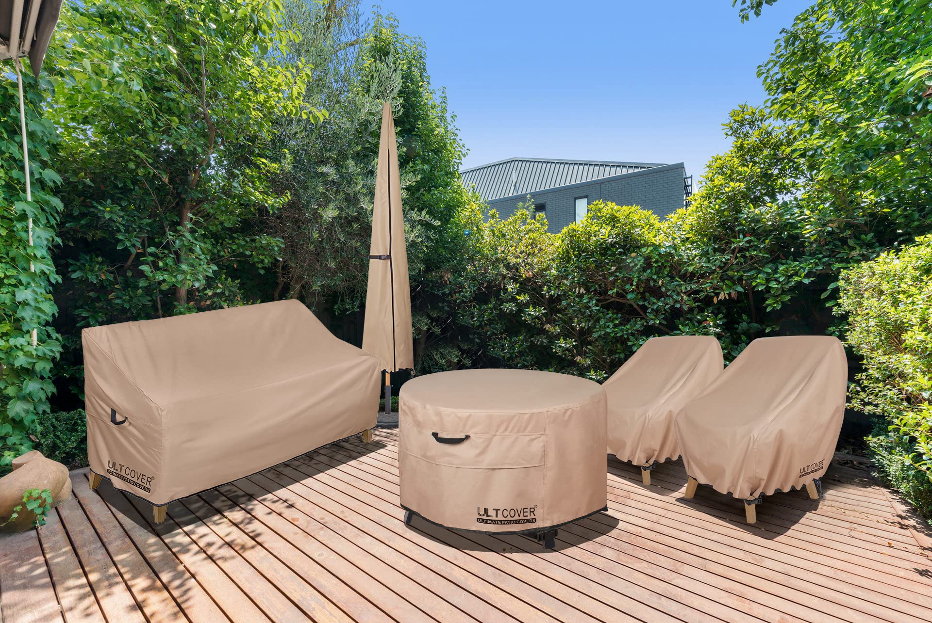 ULTCOVER in backyard setting keeping fire table clean and ready
