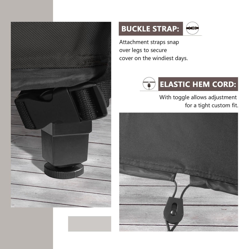 ULTCOVER plastic clip and drawcord securing cover to table legs for wind resistance