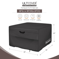 ULTCOVER full coverage showing entire square fire table covered, prevents surface damage