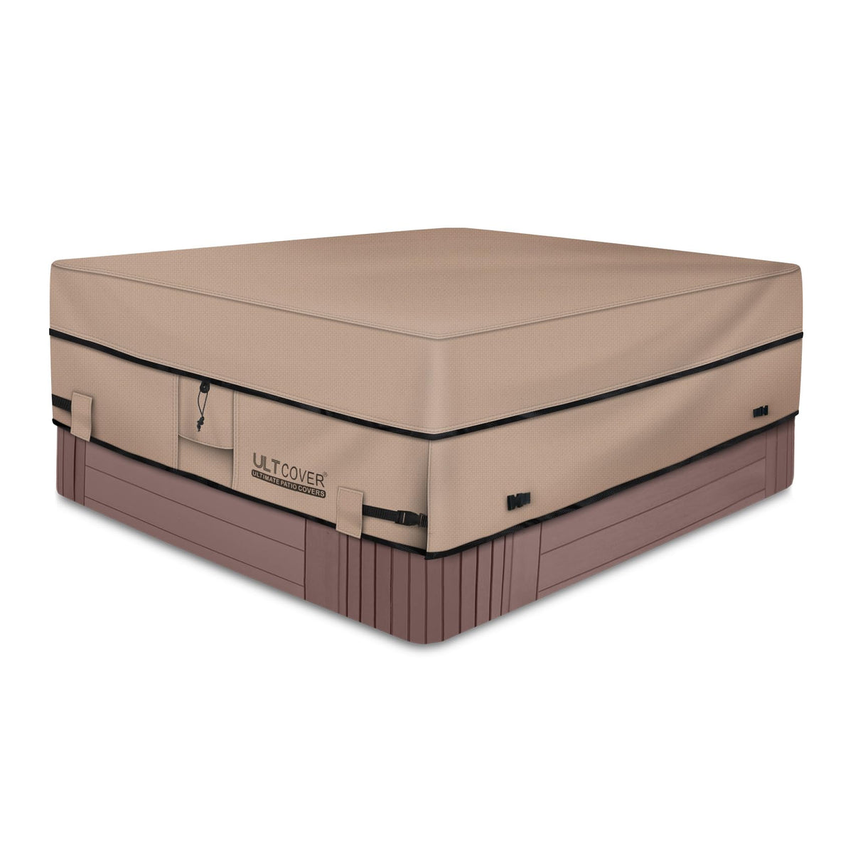 ULTCOVER front view on 76 inch square hot tub protecting from weather