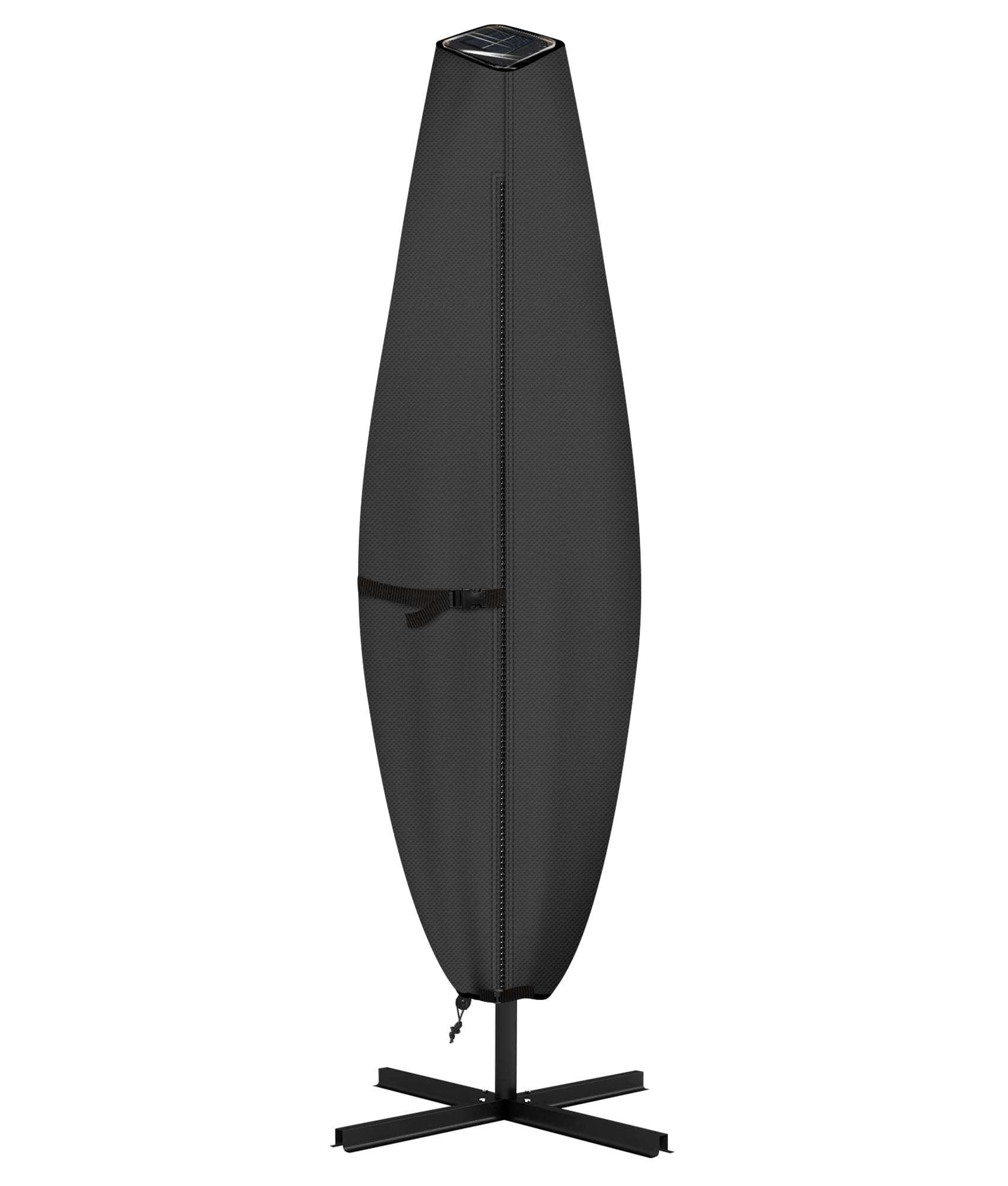 ULTCOVER front view of black umbrella cover protecting parasol and panels