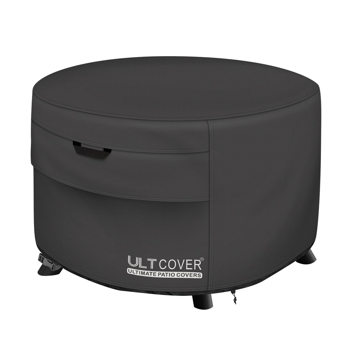 ULTCOVER front view on round fire table showing full waterproof protection