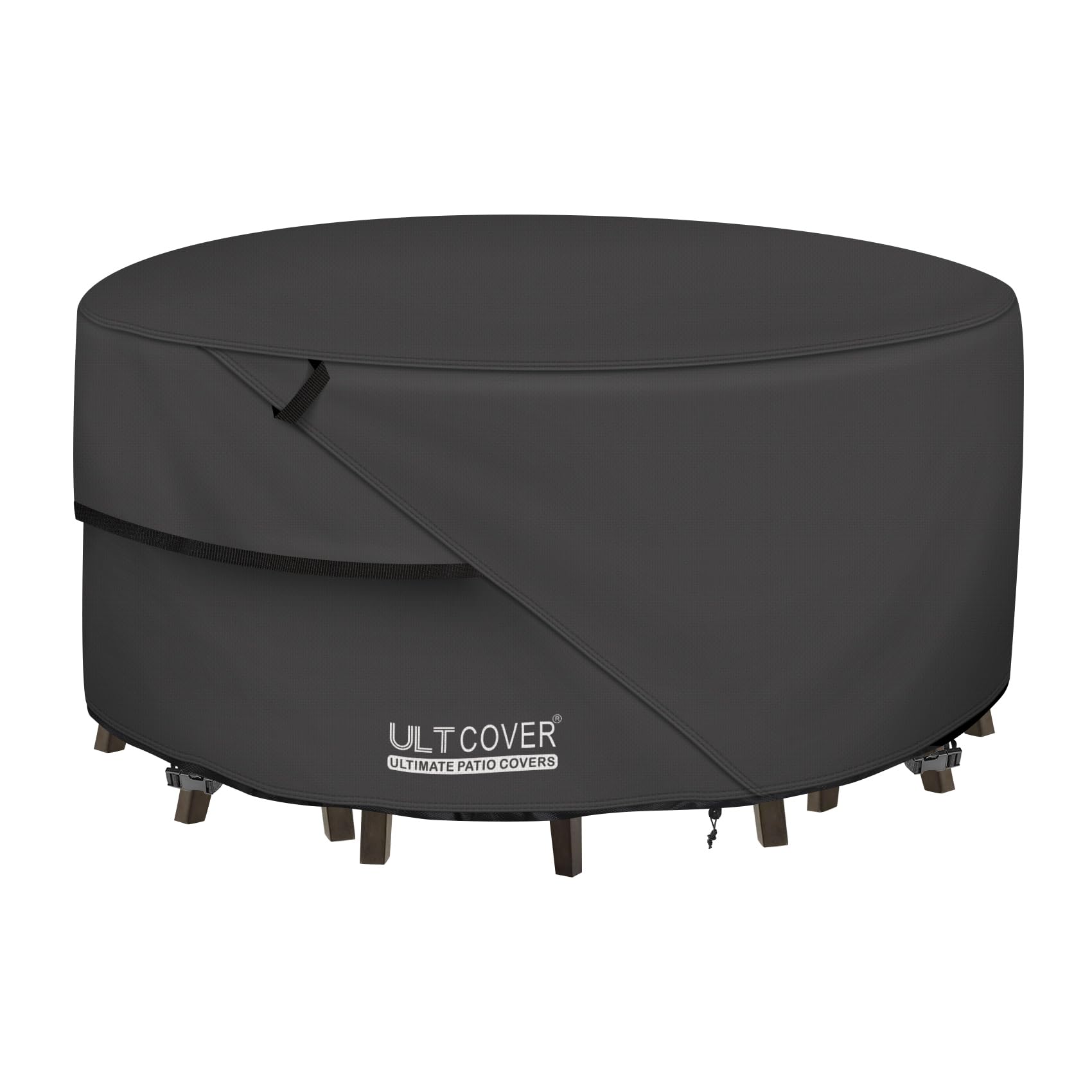 ULTCOVER front view of 108in round cover protecting full patio set for complete protection