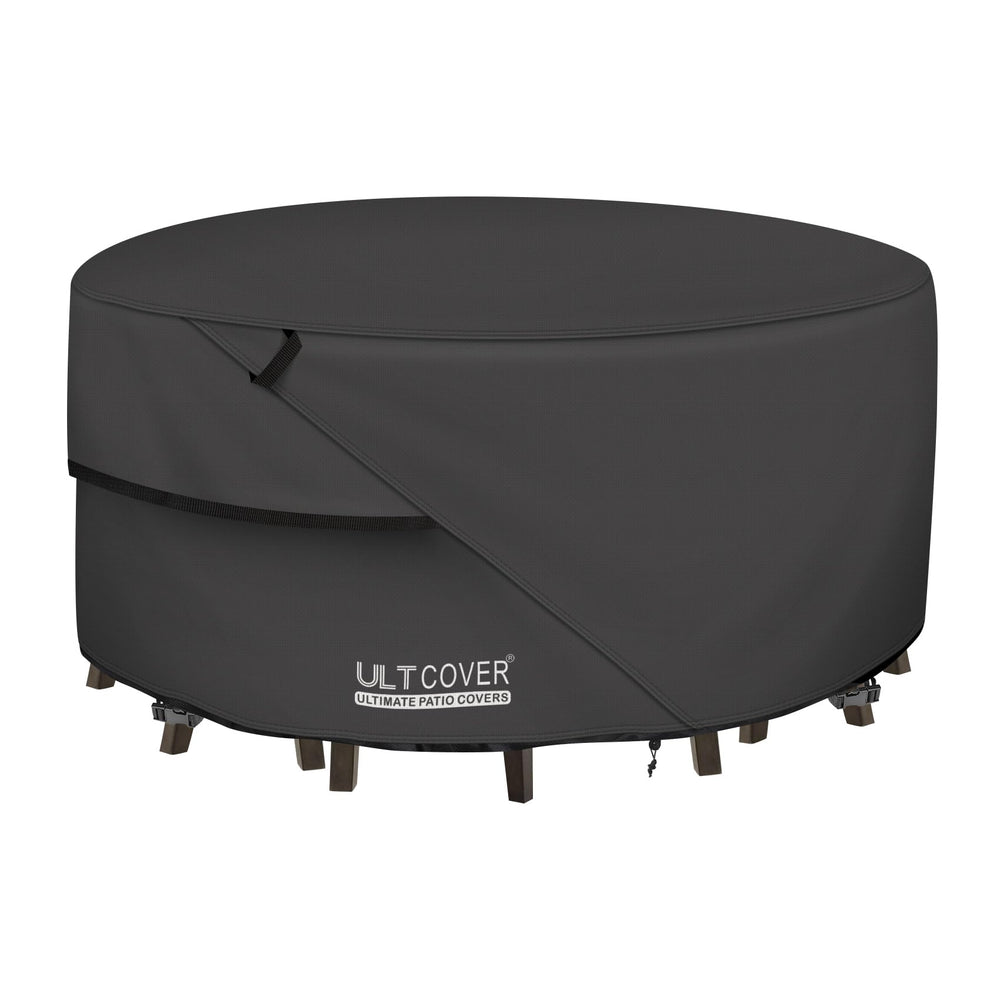 ULTCOVER front view of 108in round cover protecting full patio set for complete protection
