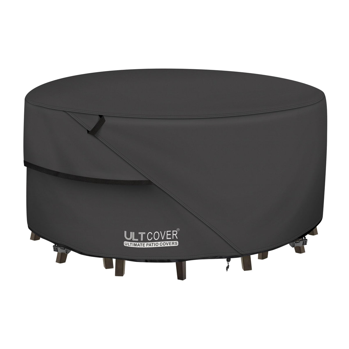 ULTCOVER front view of 108in round cover protecting full patio set for complete protection