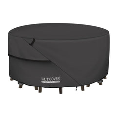 ULTCOVER front view of 108in round cover protecting full patio set for complete protection