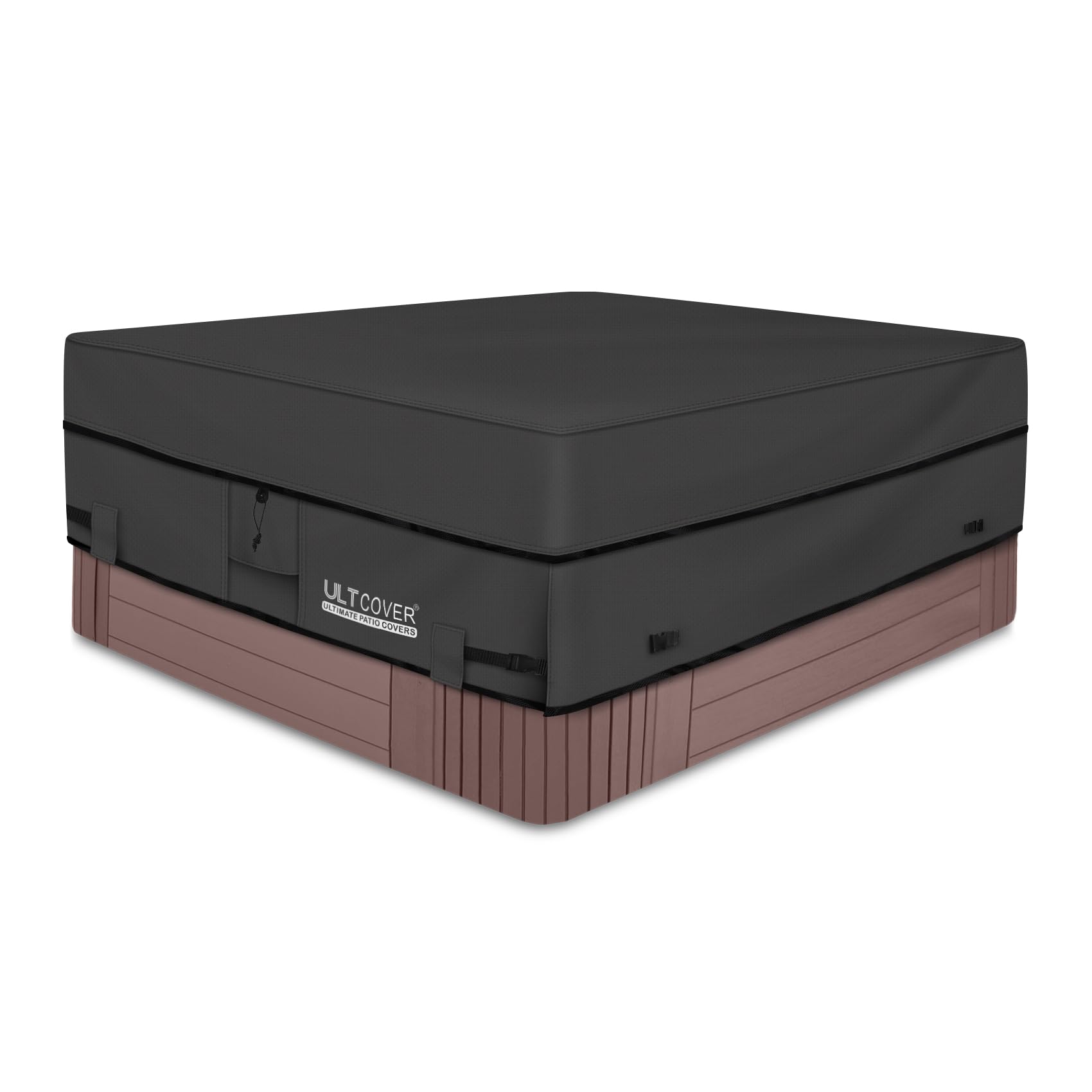 ULTCOVER front view on square 95in spa showing full coverage and weather protection