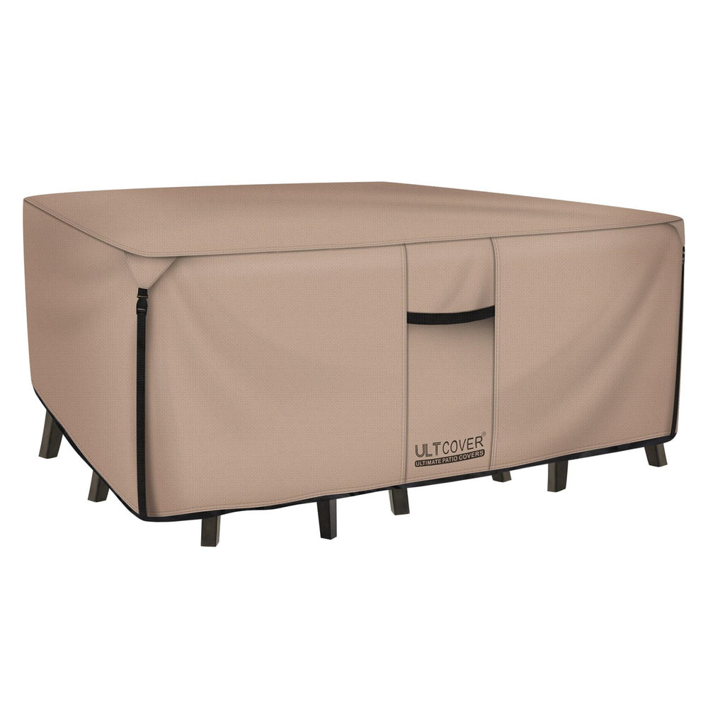 ULTCOVER vista frontal cubriendo mesa rectangular protege contra lluvia