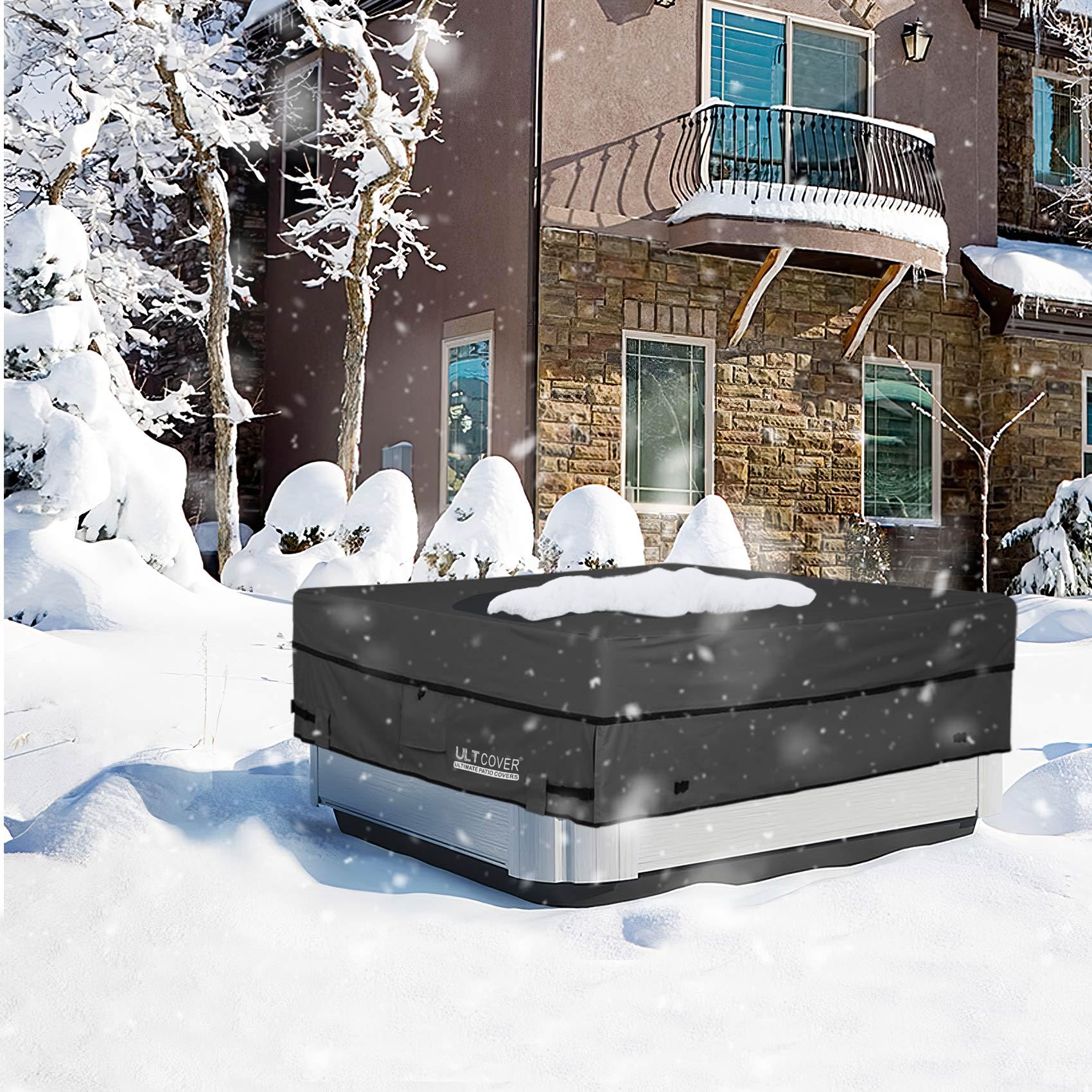 ULTCOVER installed on hot tub in backyard protecting from leaves and sun