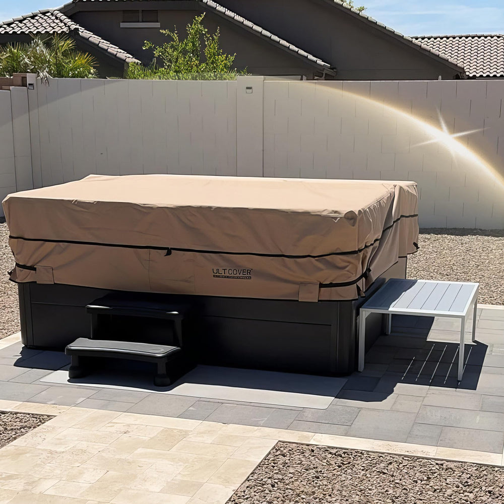 ULTCOVER installed on square hot tub demonstrating full coverage and debris protection