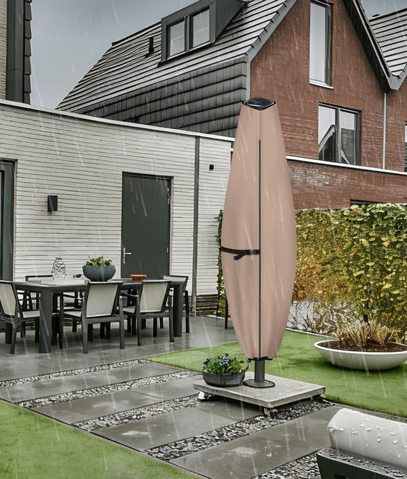 ULTCOVER backyard patio scene showing covered umbrella for all-season protection