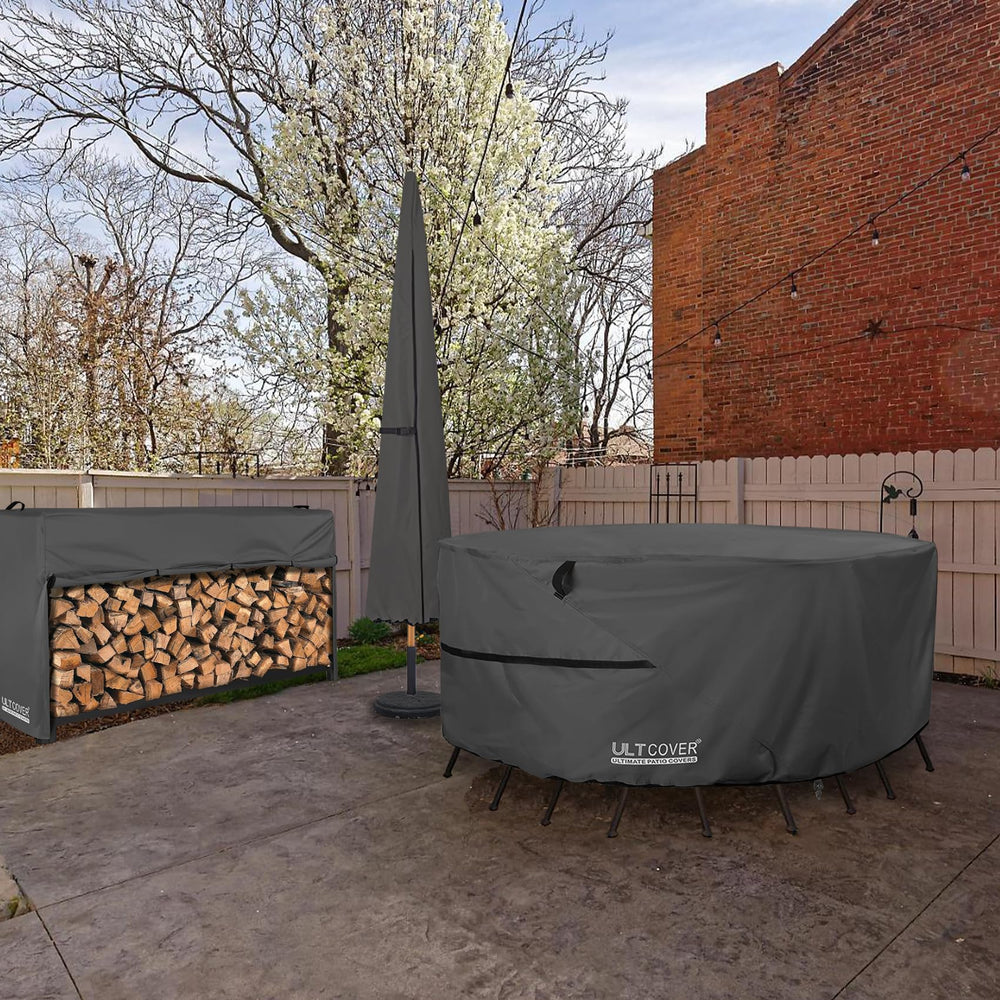 ULTCOVER lifestyle deck scene with covered dining set for neat outdoor appearance