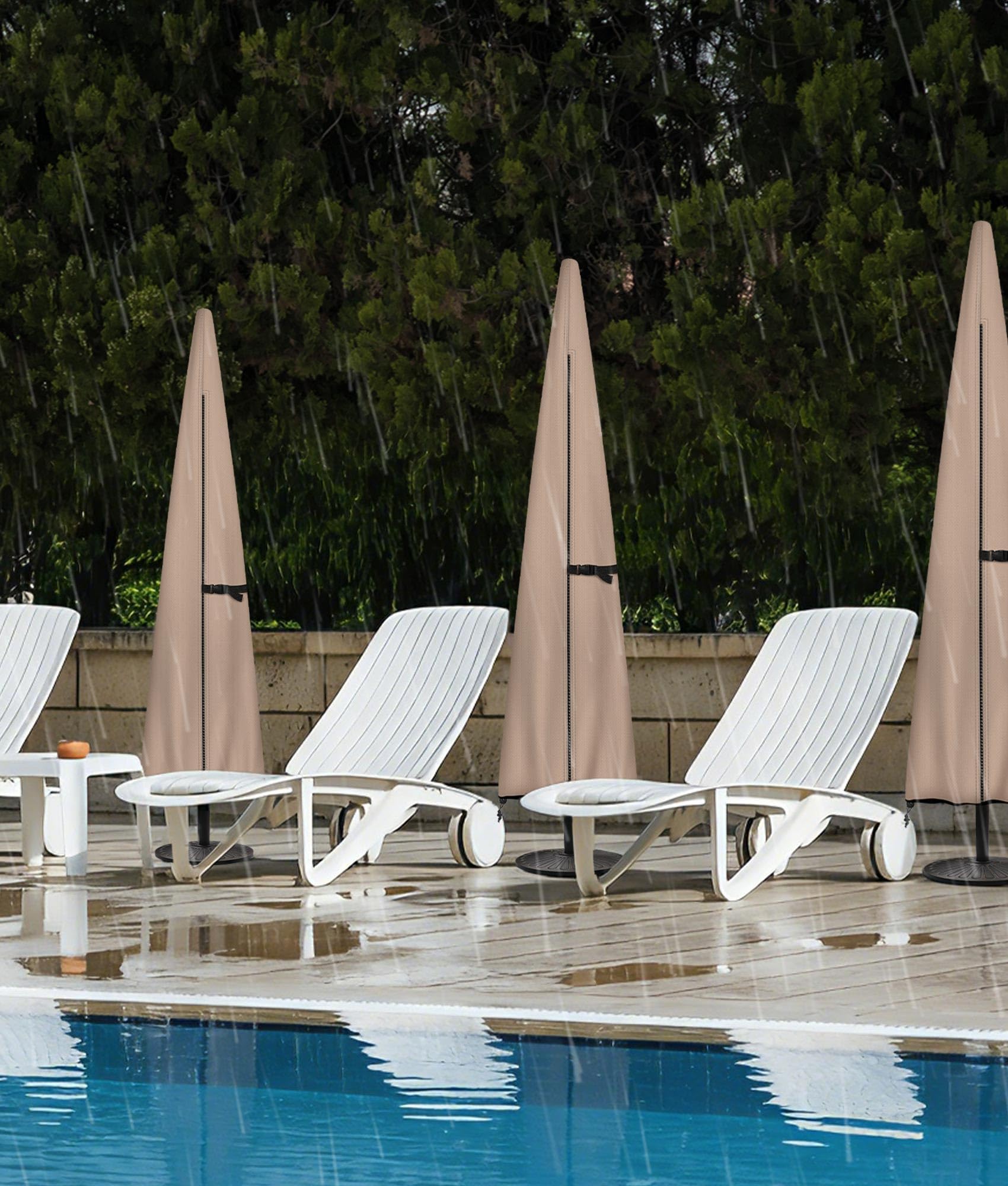 ULTCOVER lifestyle patio scene with covered umbrella maintaining a tidy look