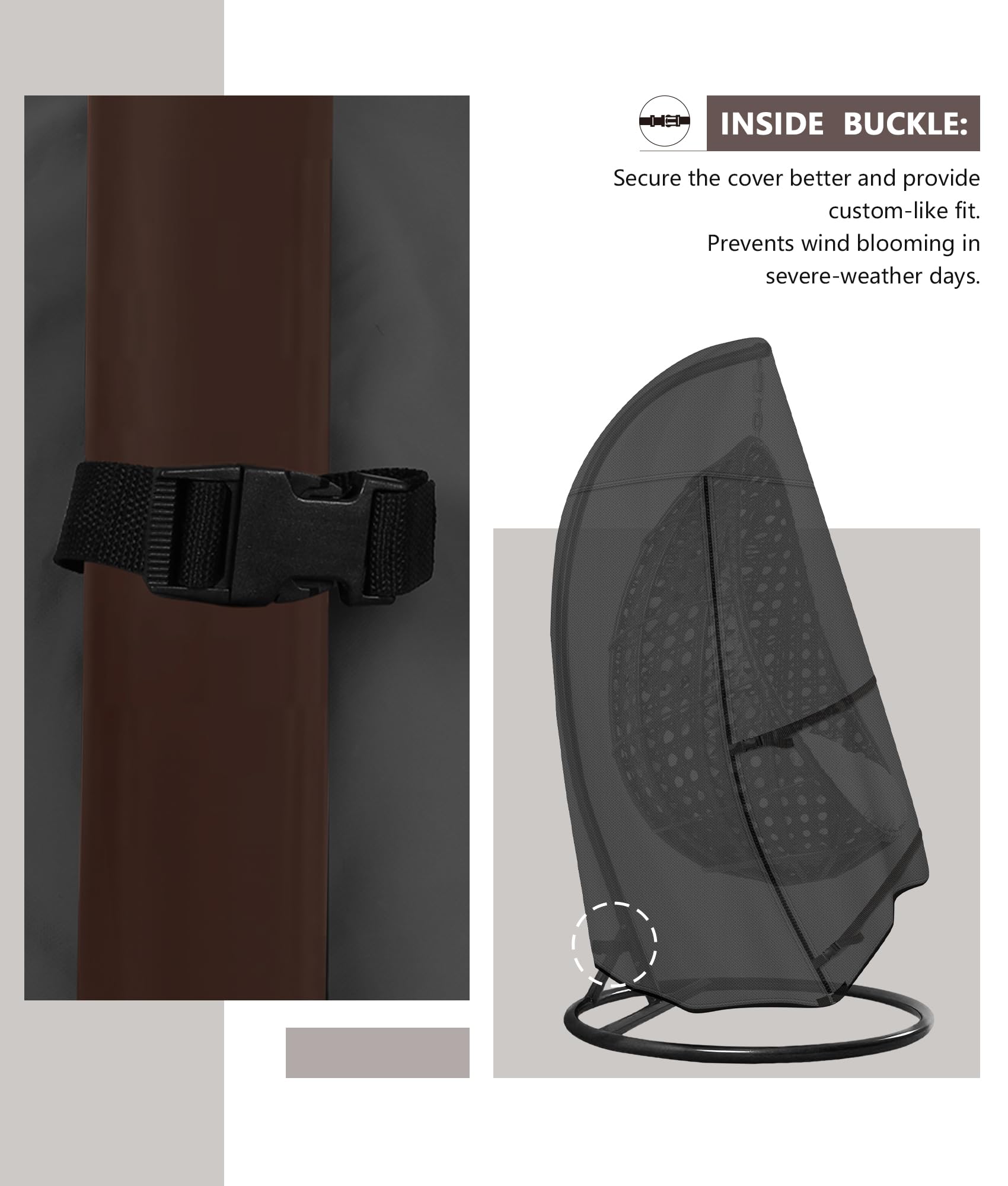 ULTCOVER plastic clips attached to chair stand legs, anchors cover during gusts