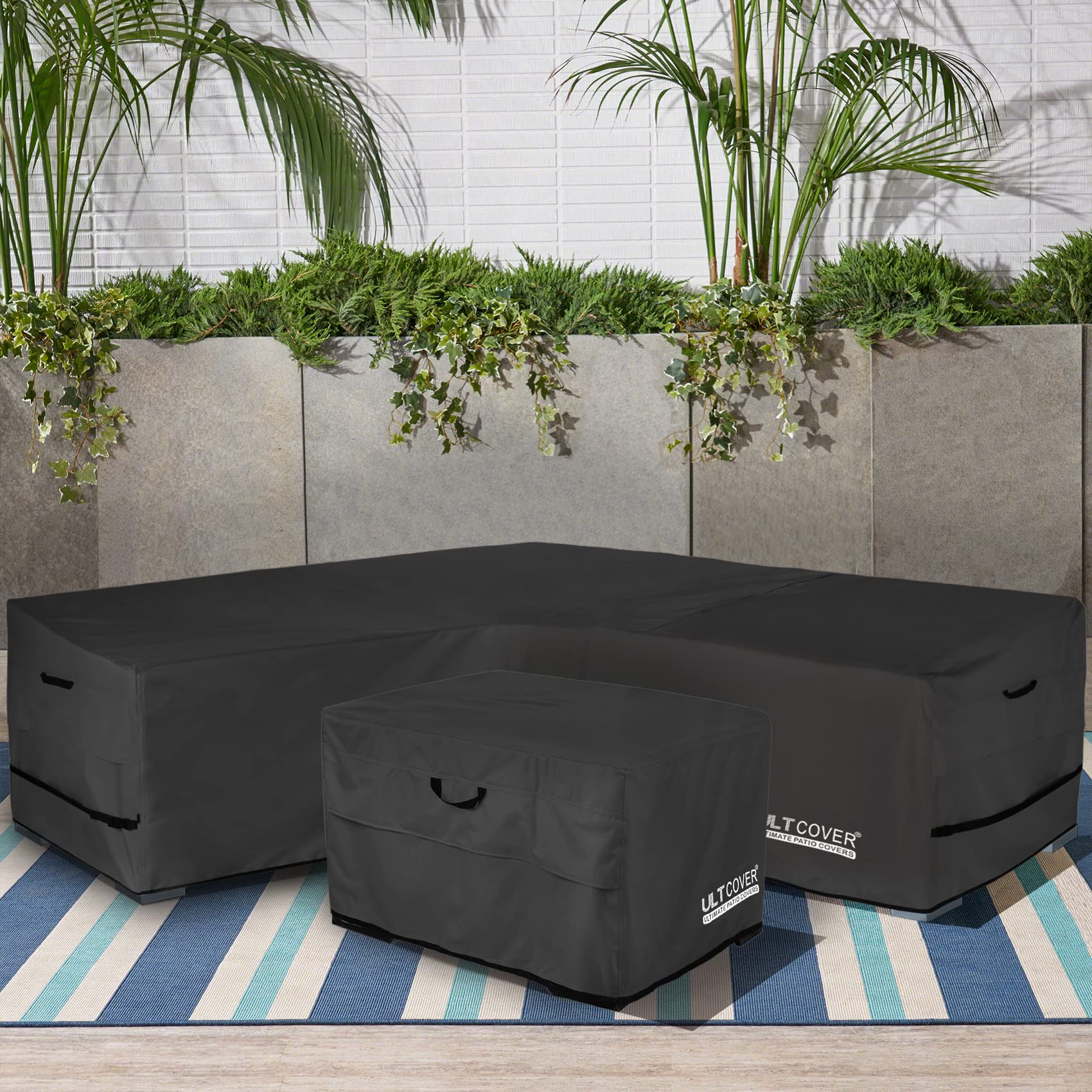 ULTCOVER measuring guide beside couch showing fit for up to 105 inch sides