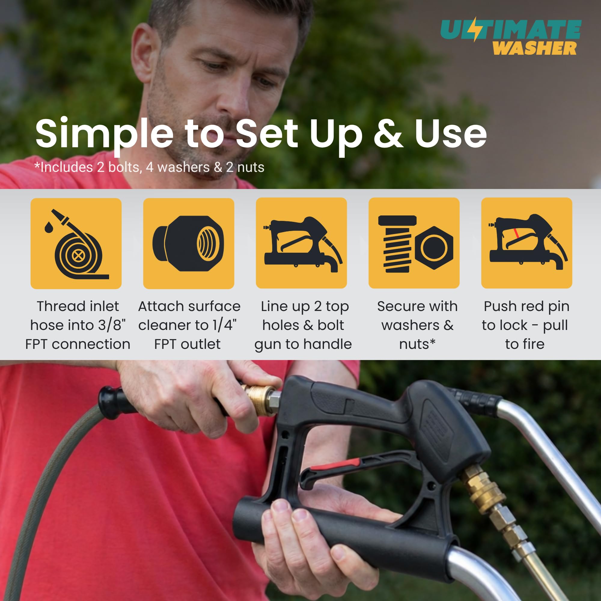 Ultimate Washer trigger gun next to a hand to show ergonomic scale and handling benefit