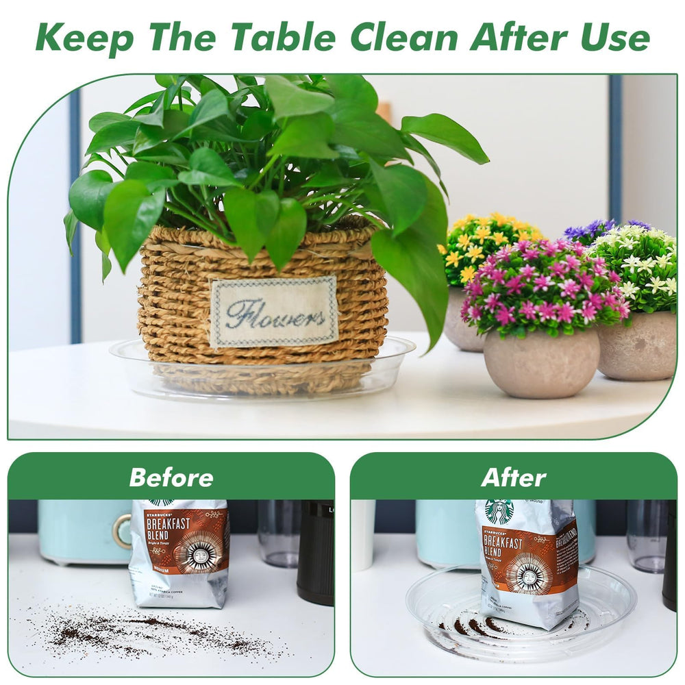 UltraOutlet saucer under potted plant in-use, prevents runoff stains
