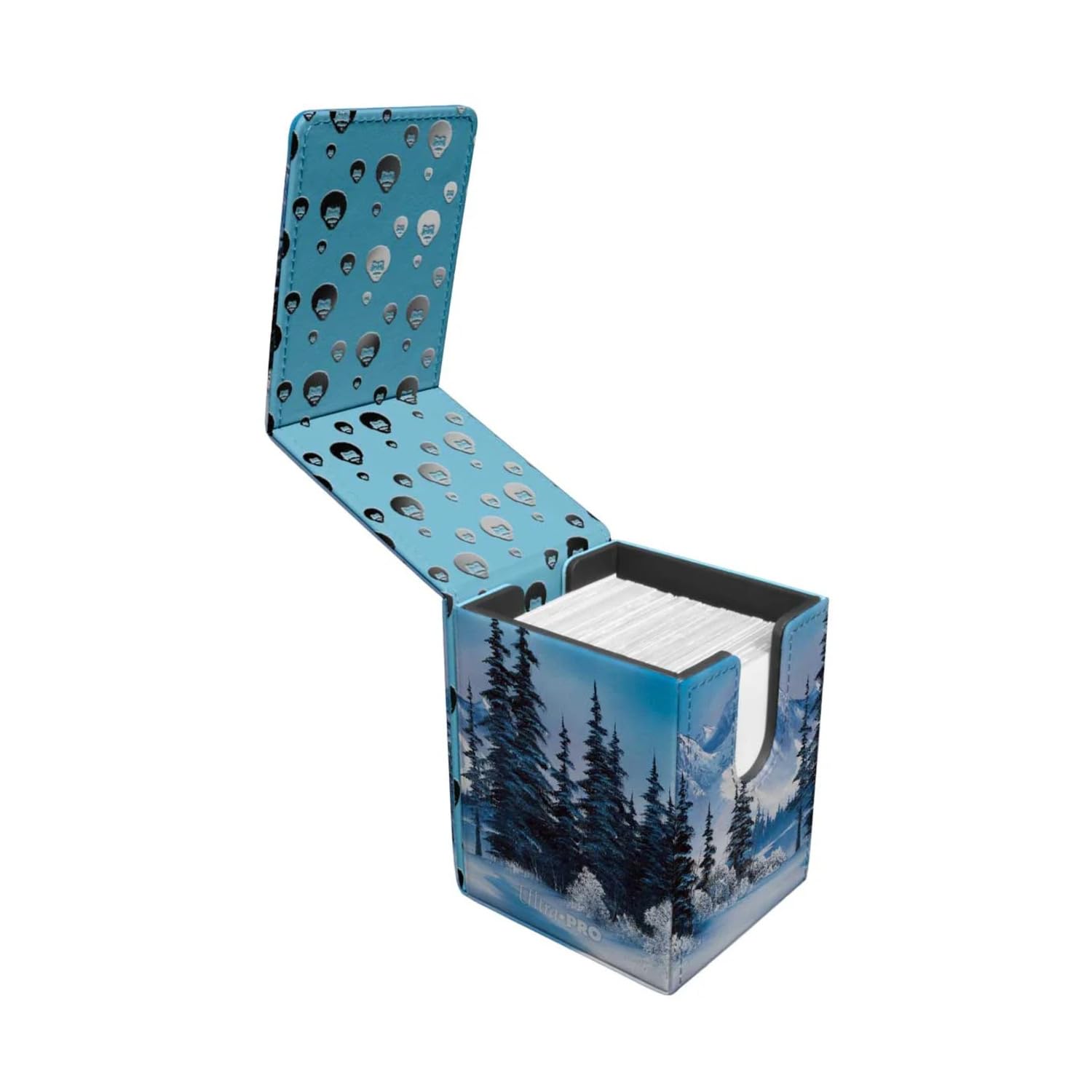 ULTRAPRO Bob Ross deck box open showing thumb notches and space for 100+ double-sleeved cards