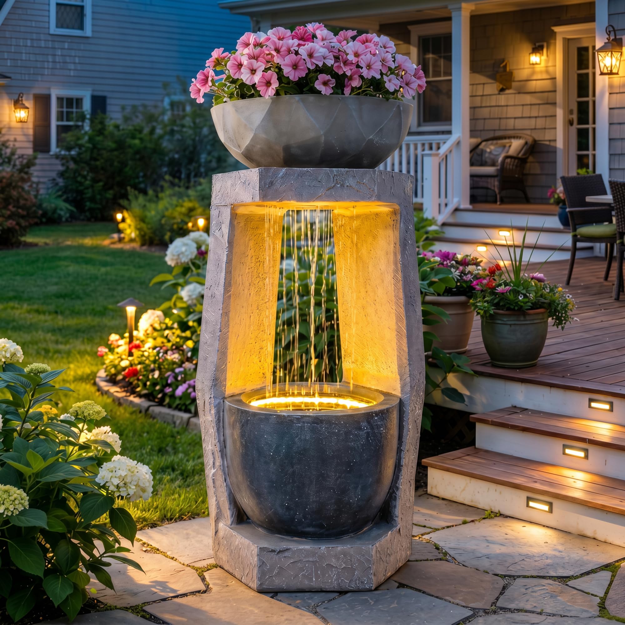 Ultym front view of fountain showing modern geometric silhouette and calm presence