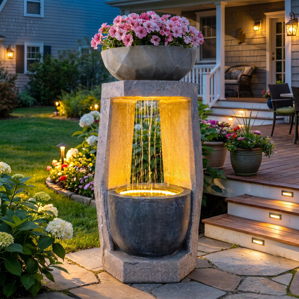 Ultym front view of fountain showing modern geometric silhouette and calm presence