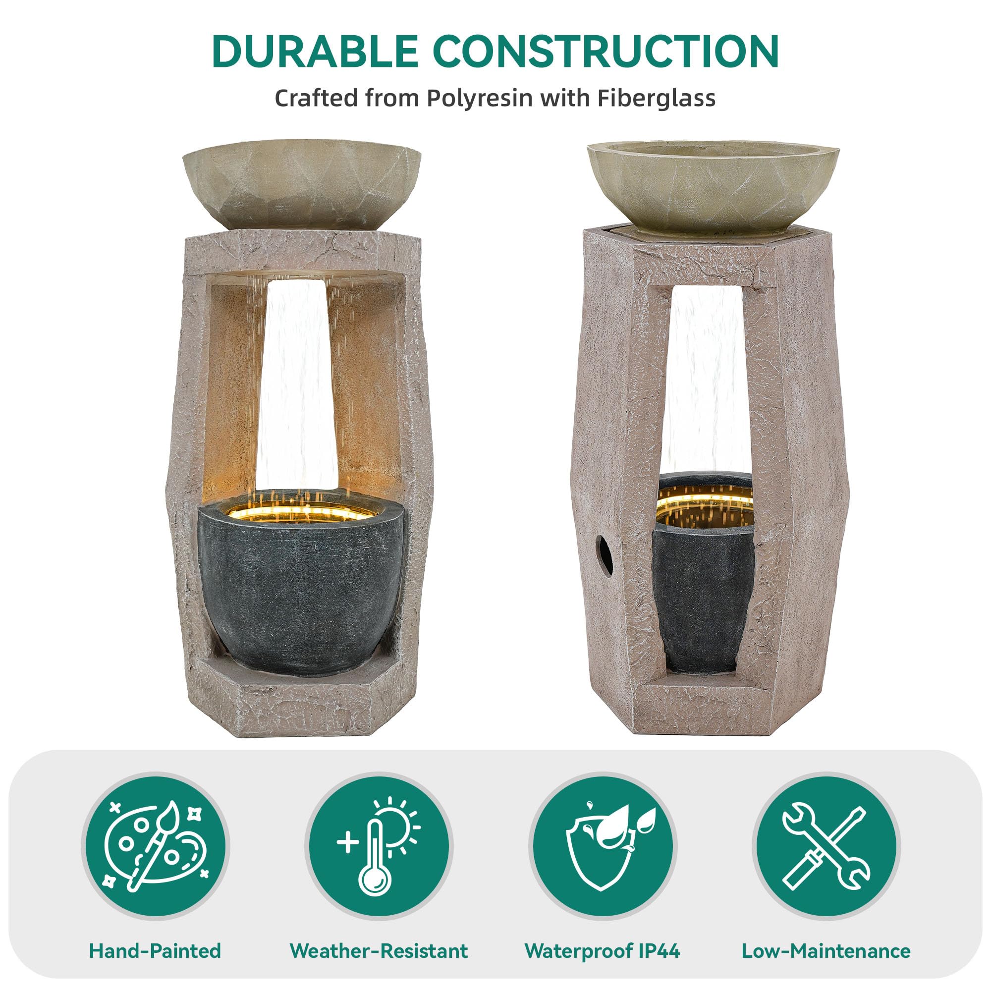 Ultym fountain placed on patio showing stylish outdoor integration and tranquil benefit