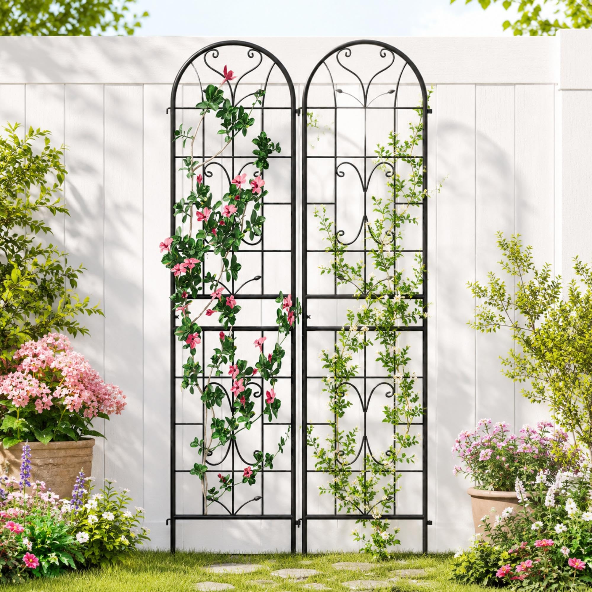 Ultym front view of two arched trellises adding vertical garden support
