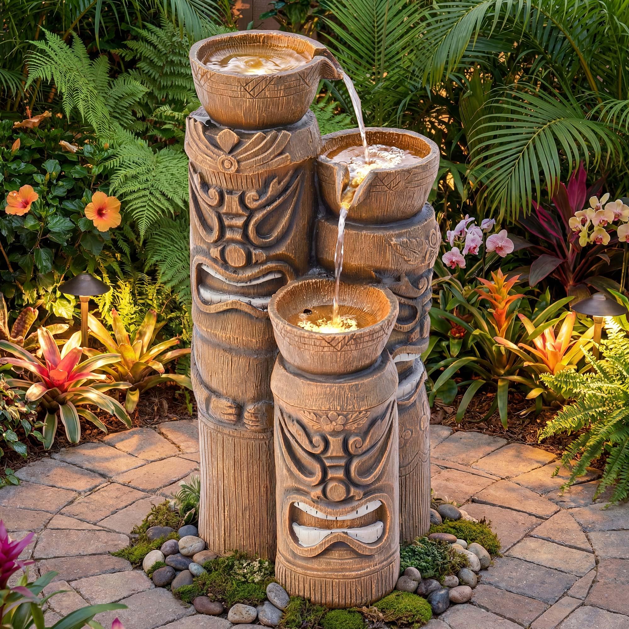 Ultym front view of tiki fountain showing sculpted totem and elegant silhouette benefit ambience