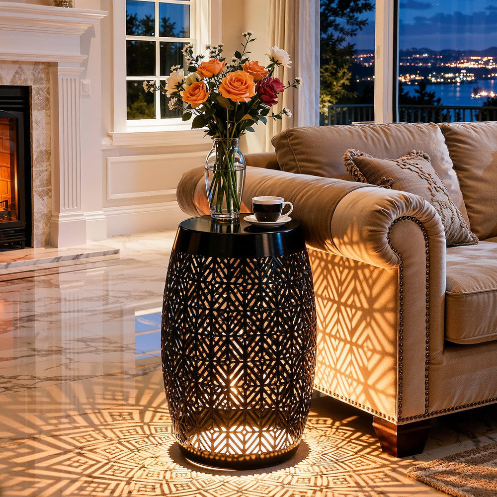 Ultym front view of drum side table showing modern design and easy placement benefit
