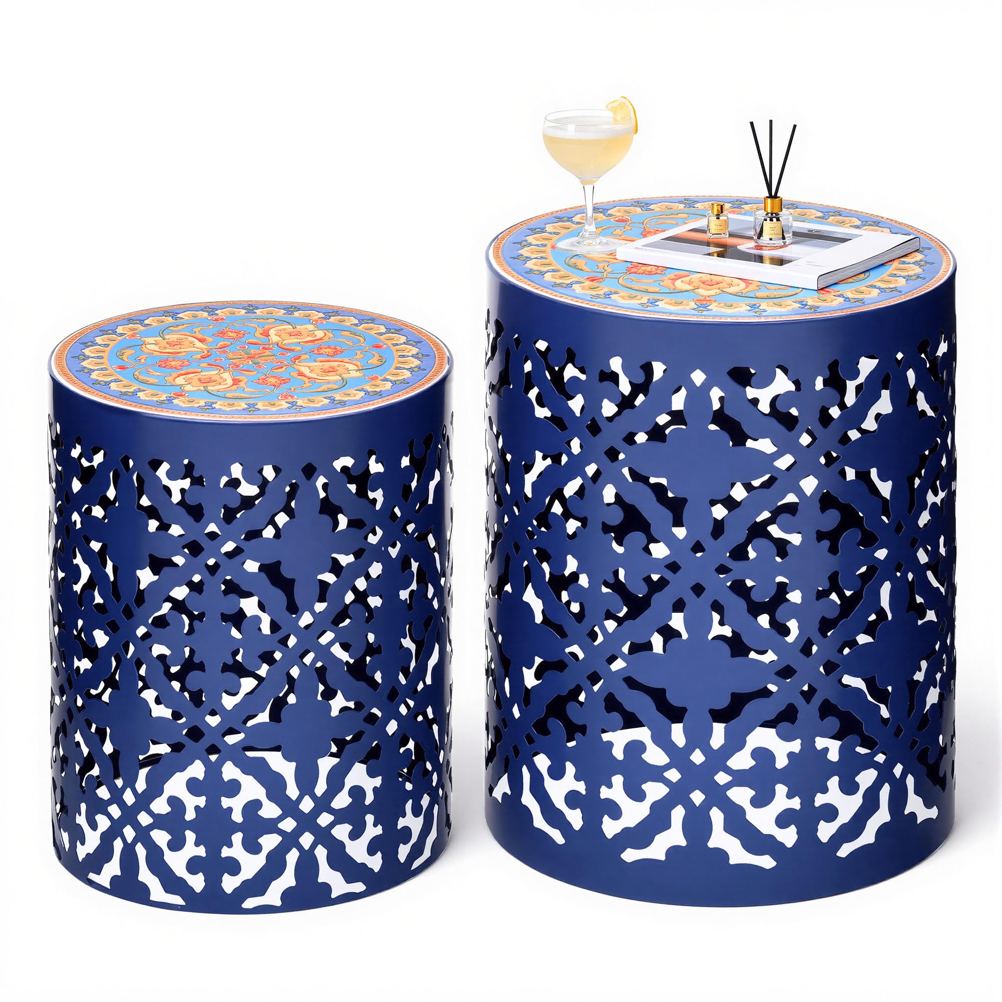 Ultym front view of two blue side tables showing elegant decor and sturdy surface