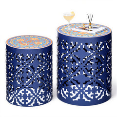 Ultym front view of two blue side tables showing elegant decor and sturdy surface