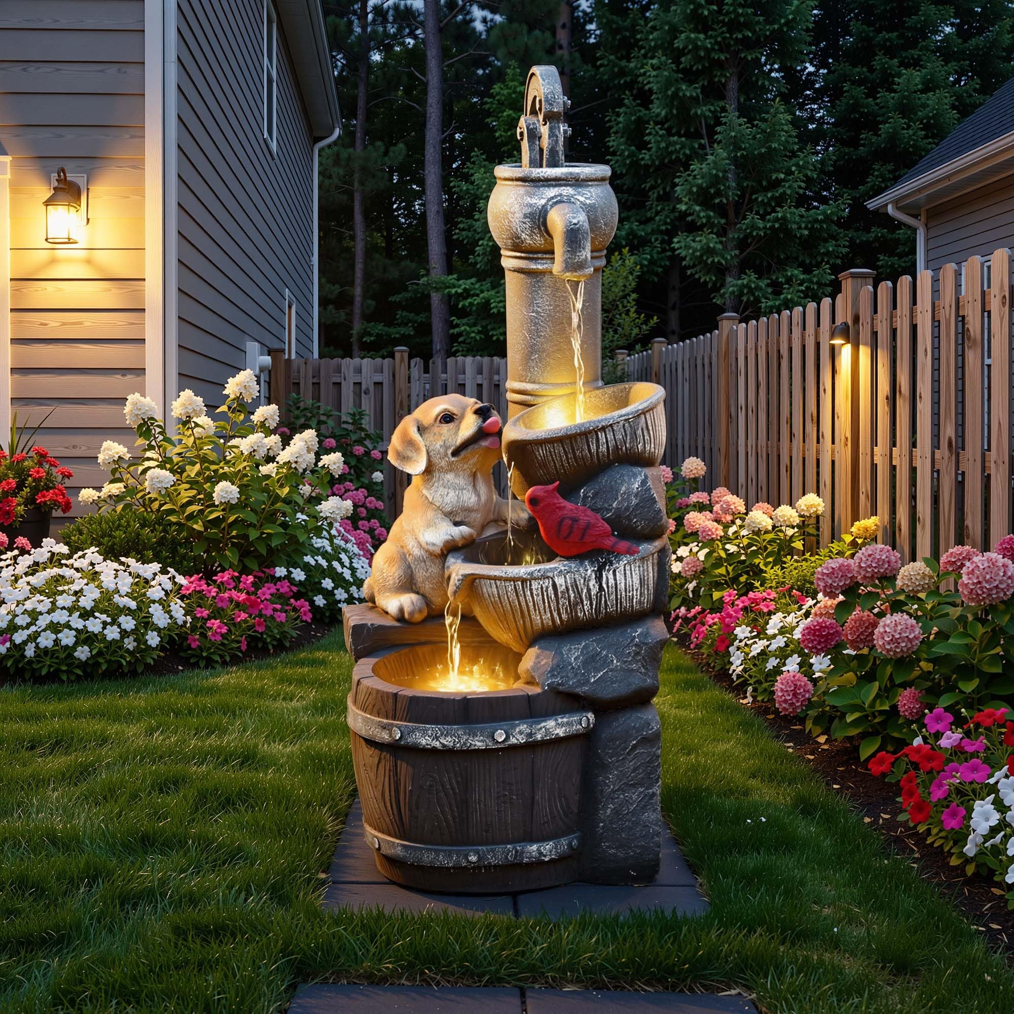 Ultym front view of fountain showing puppy and red bird, adds charming focal point