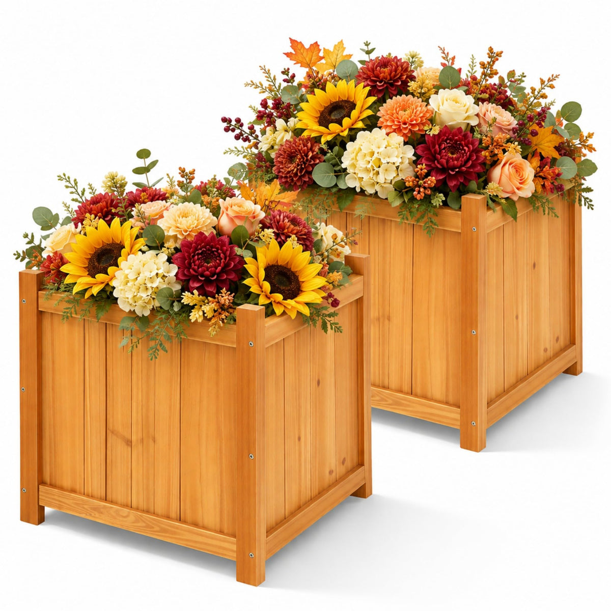 Ultym front view of two square planters showing rustic style and curb appeal