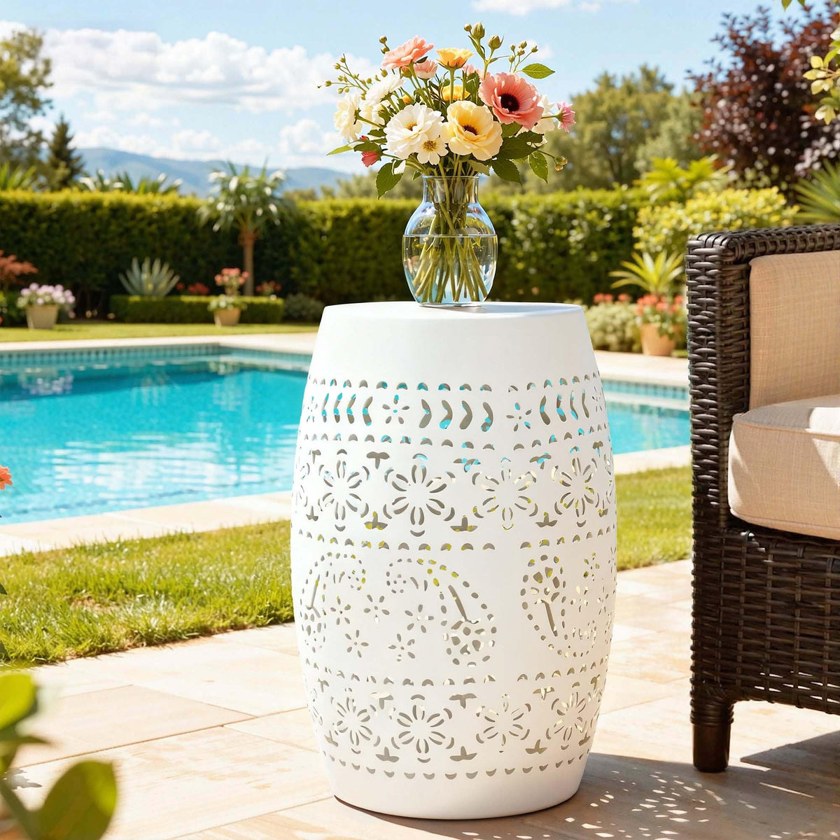 Ultym front view of white drum table showing modern silhouette and instant style