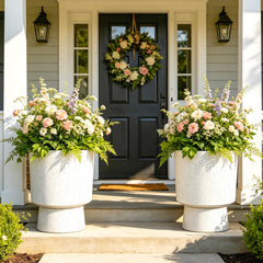 Ultym white terrazzo urn planters front view showcasing modern aesthetic and easy styling