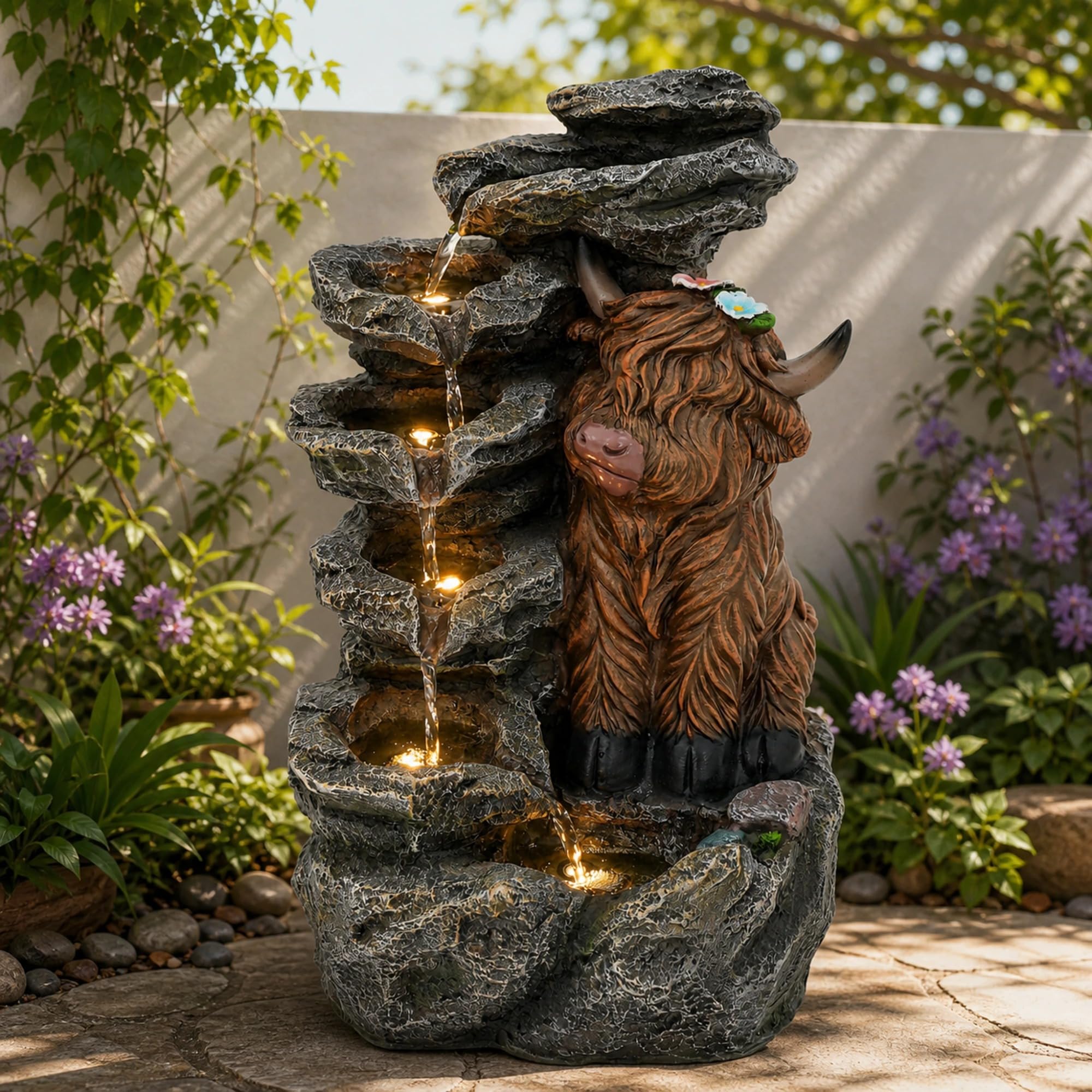 Ultym front view showing highland cow fountain and restful ambiance