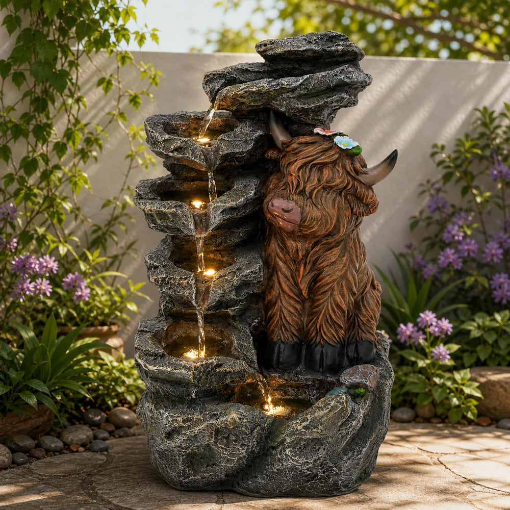 Ultym front view showing highland cow fountain and restful ambiance