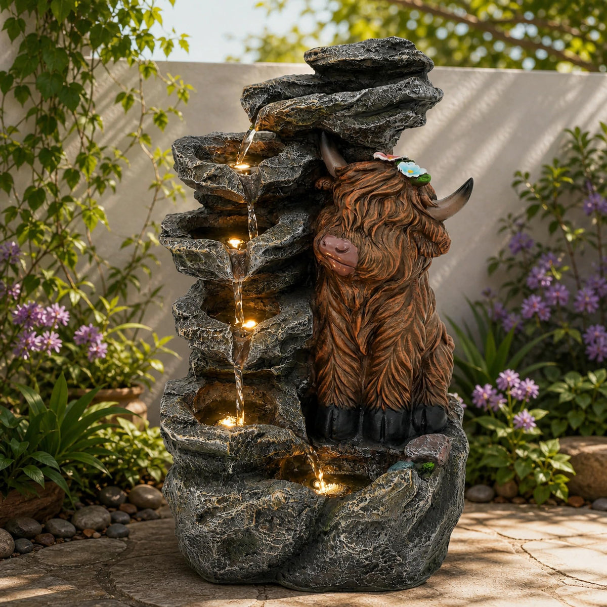 Ultym front view showing highland cow fountain and restful ambiance