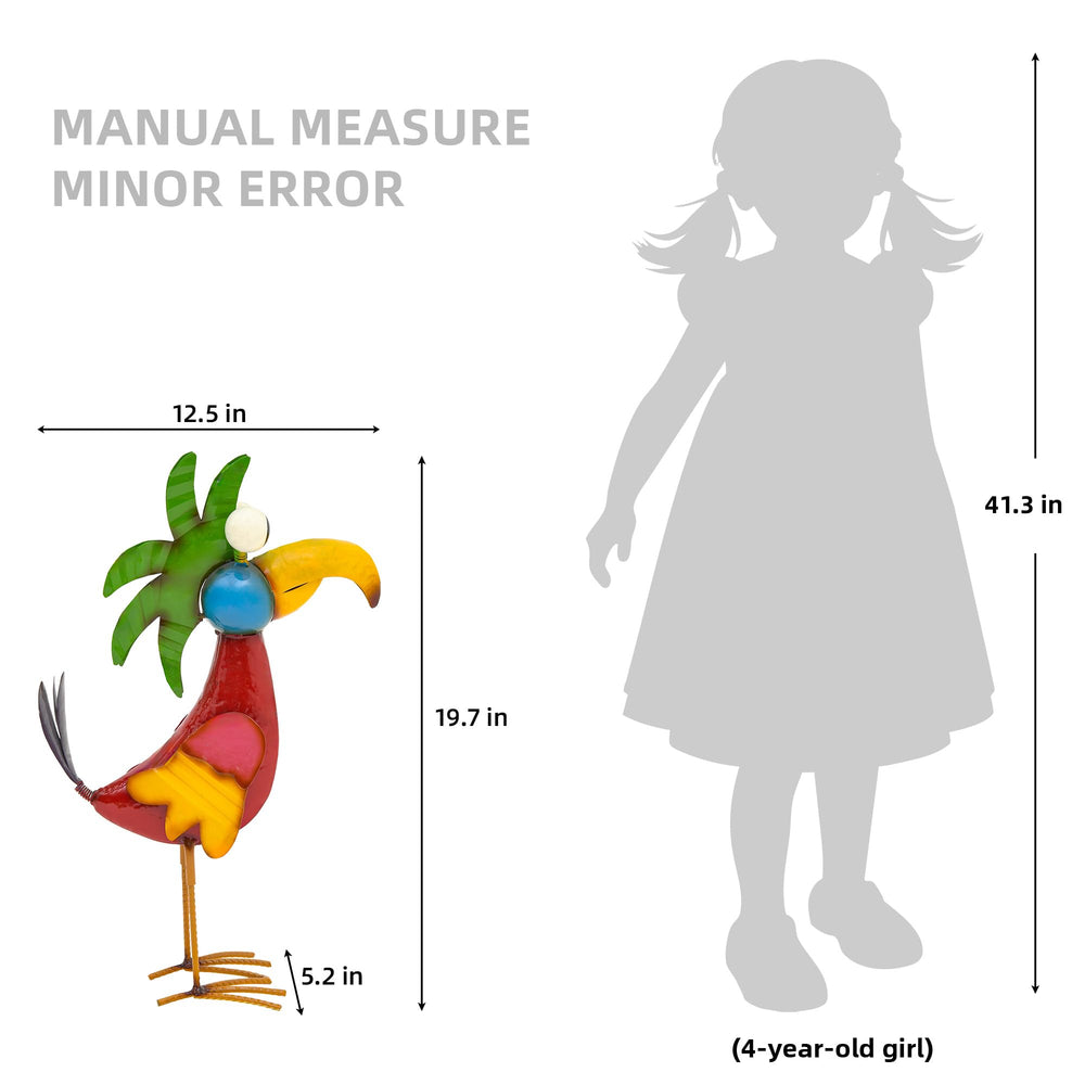 Ultym metal parrot next to a ruler showing 19.7 inch scale for sizing clarity