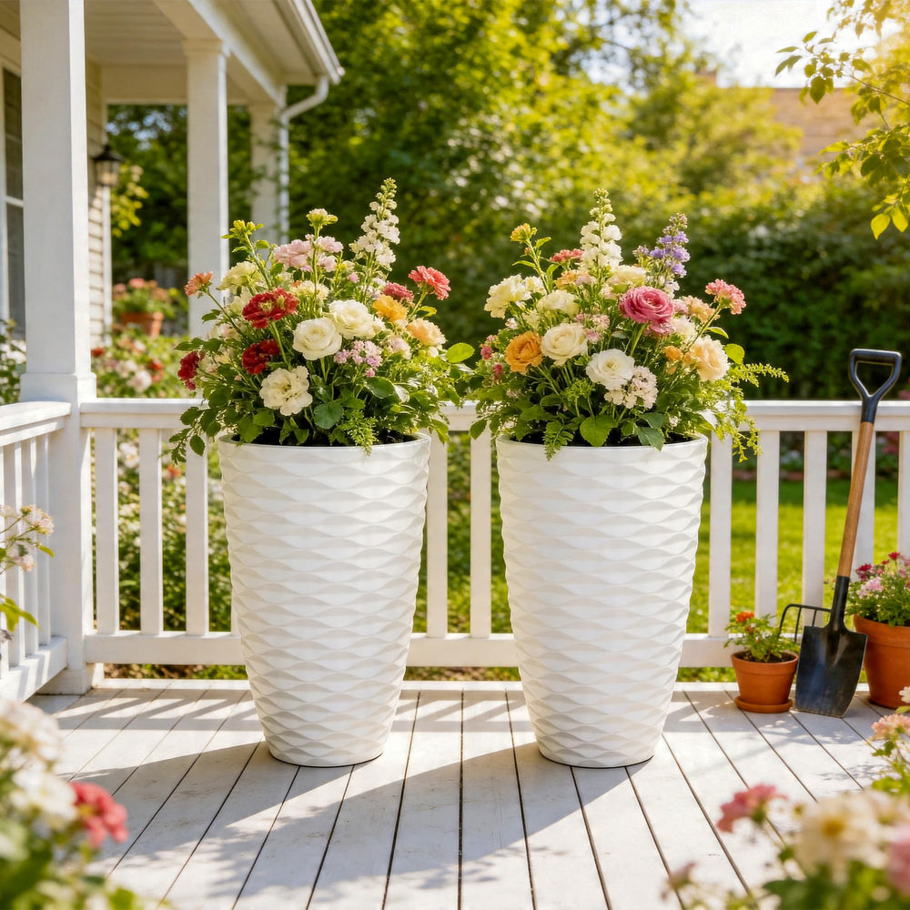 Ultym planters styled on a porch showing curb appeal and outdoor resilience