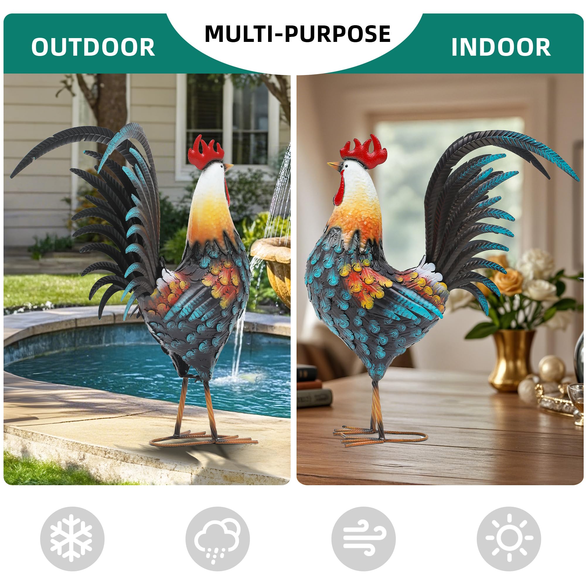 Ultym rooster among plants adding a cheerful focal point to garden