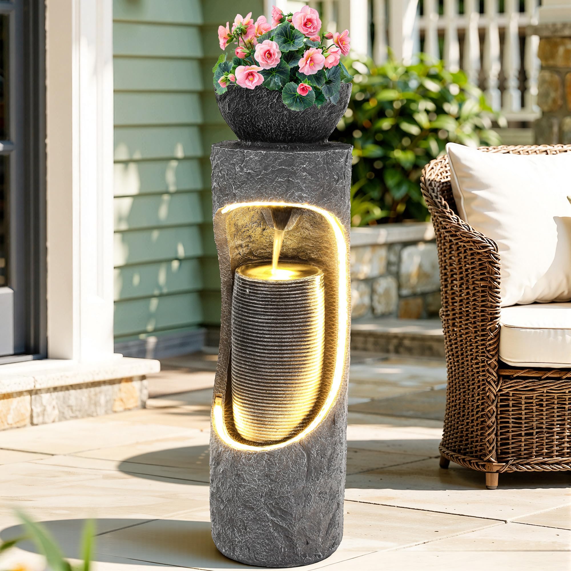 Ultym fountain beside chair demonstrating 40-inch scale for placement planning