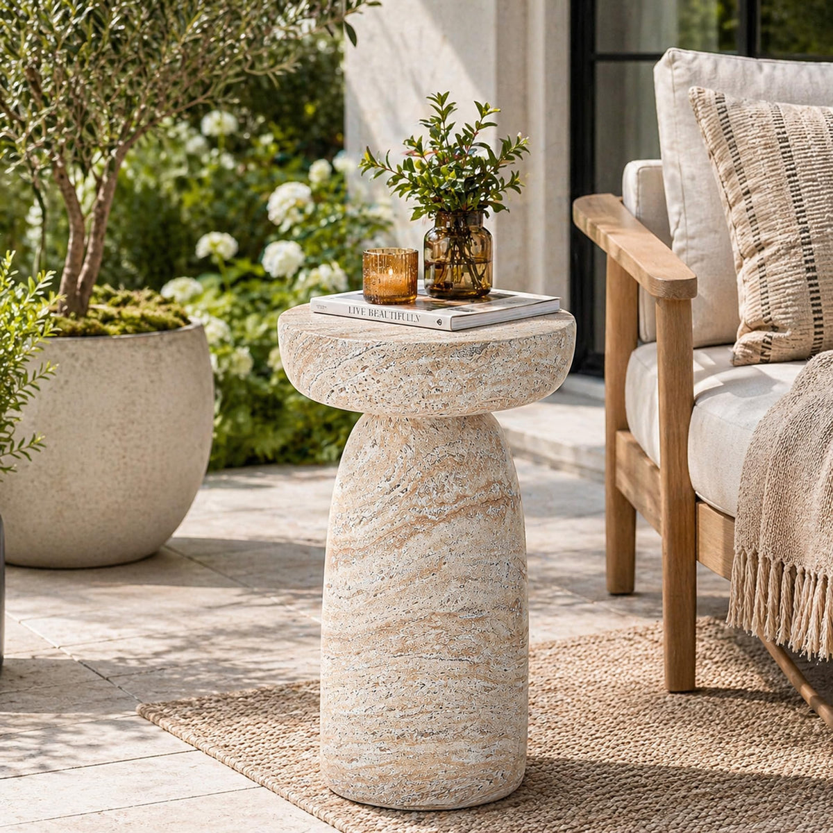 Ultym front view showing modern travertine finish and durable design benefit
