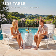 Ultym side table on patio illustrating outdoor use and durable design