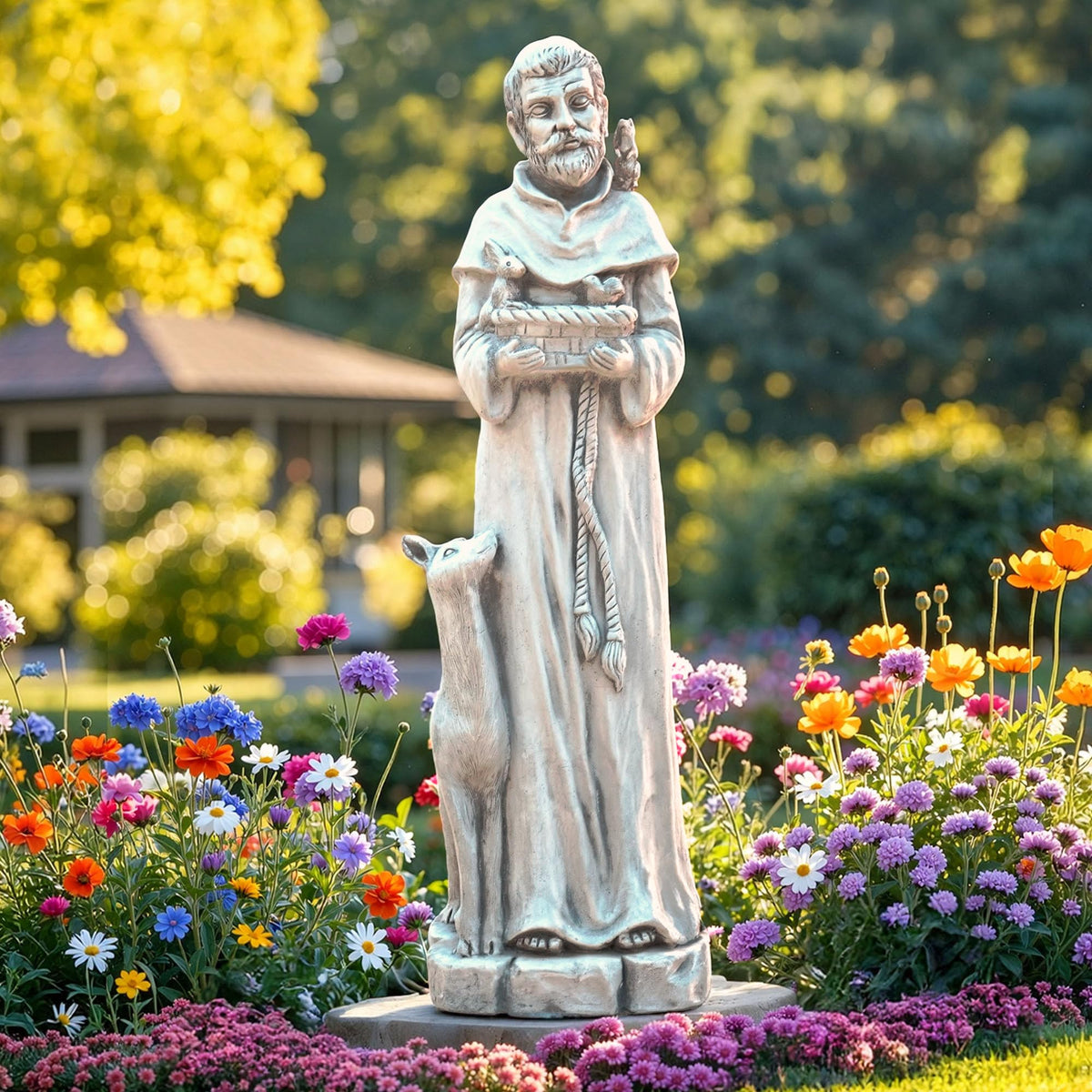 Ultym St Francis front view showing serene presence and garden focal point