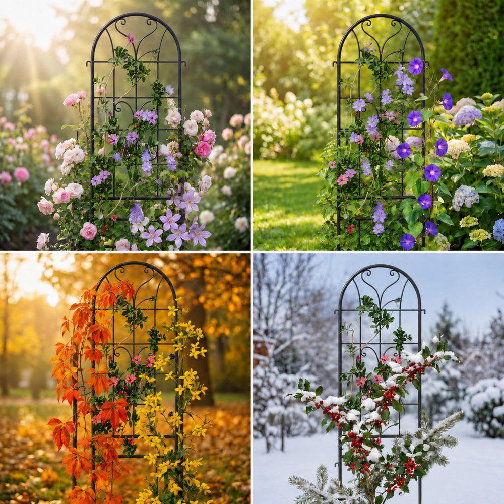 Ultym trellises flanking a walkway creating an inviting garden entrance