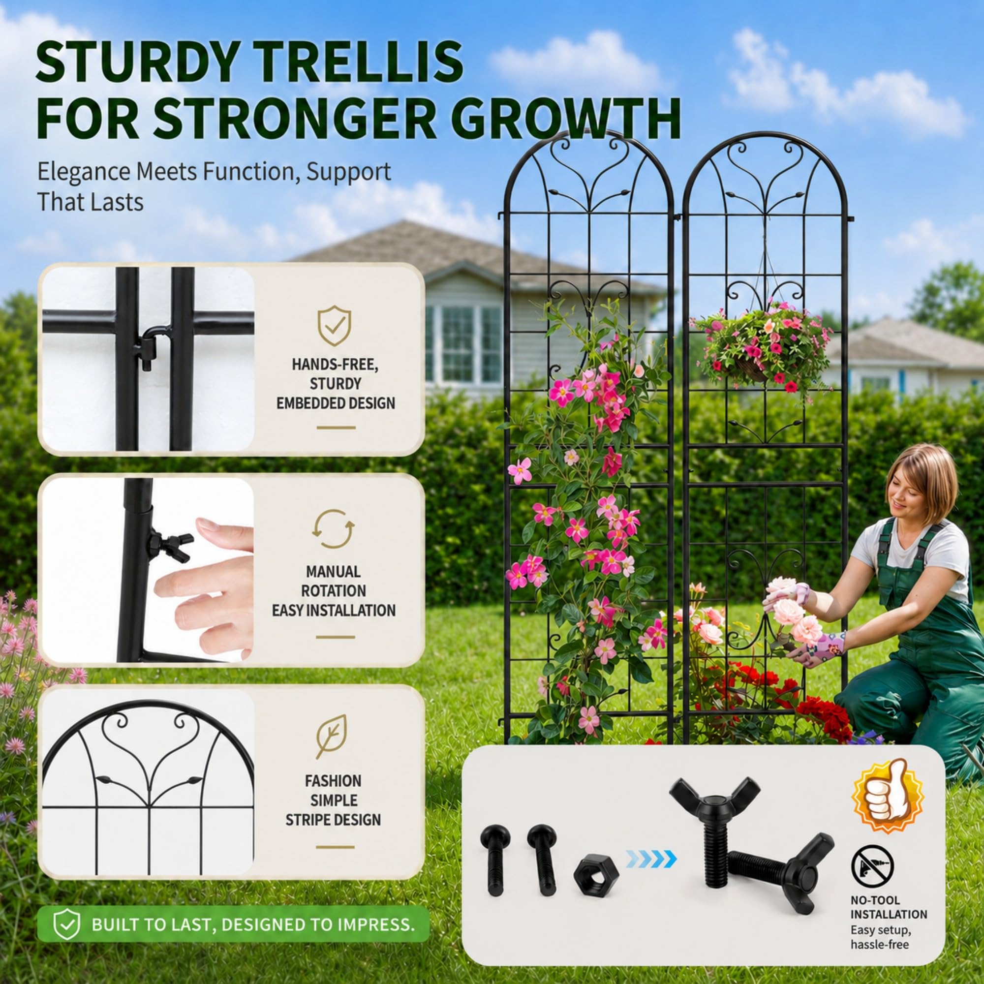 Ultym trellises supporting blooming climbers to boost curb appeal