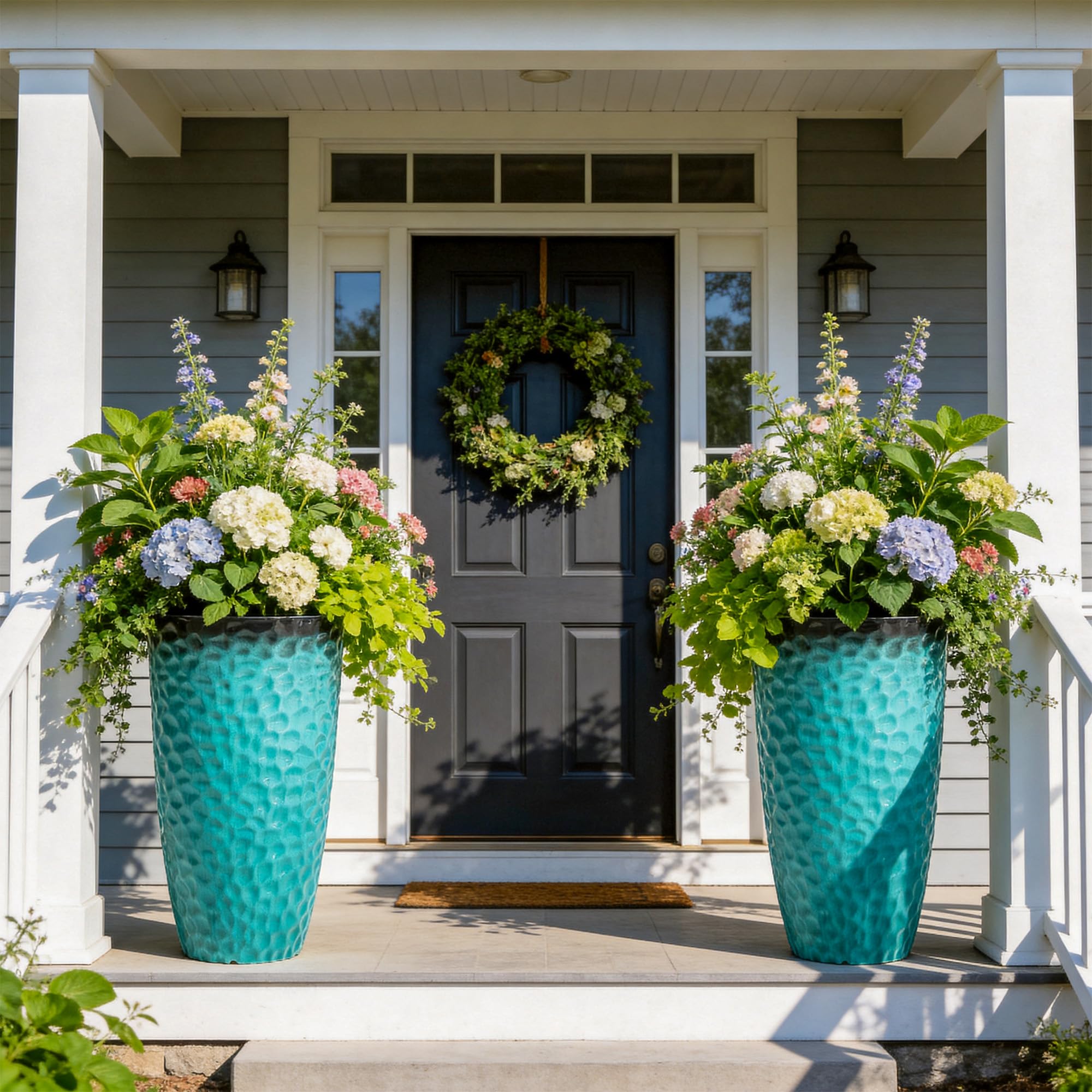 Ultym turquoise planter front view shows stylish curb appeal and color