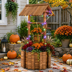 Ultym front view of full 54-inch wishing well planter showcasing rustic charm and function