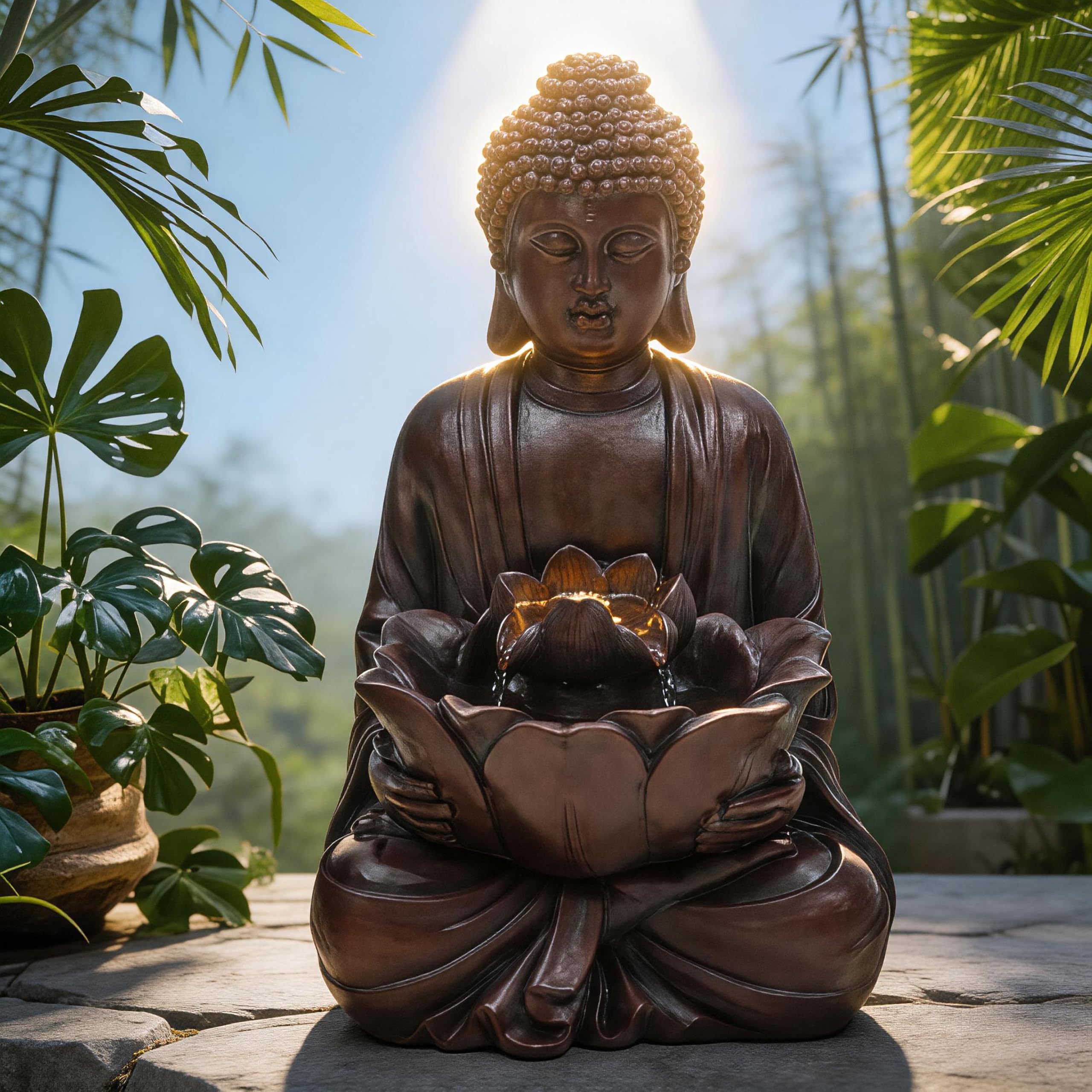 Ultym Zen Buddha front view showing serene statue and waterfall benefit: calming focal point