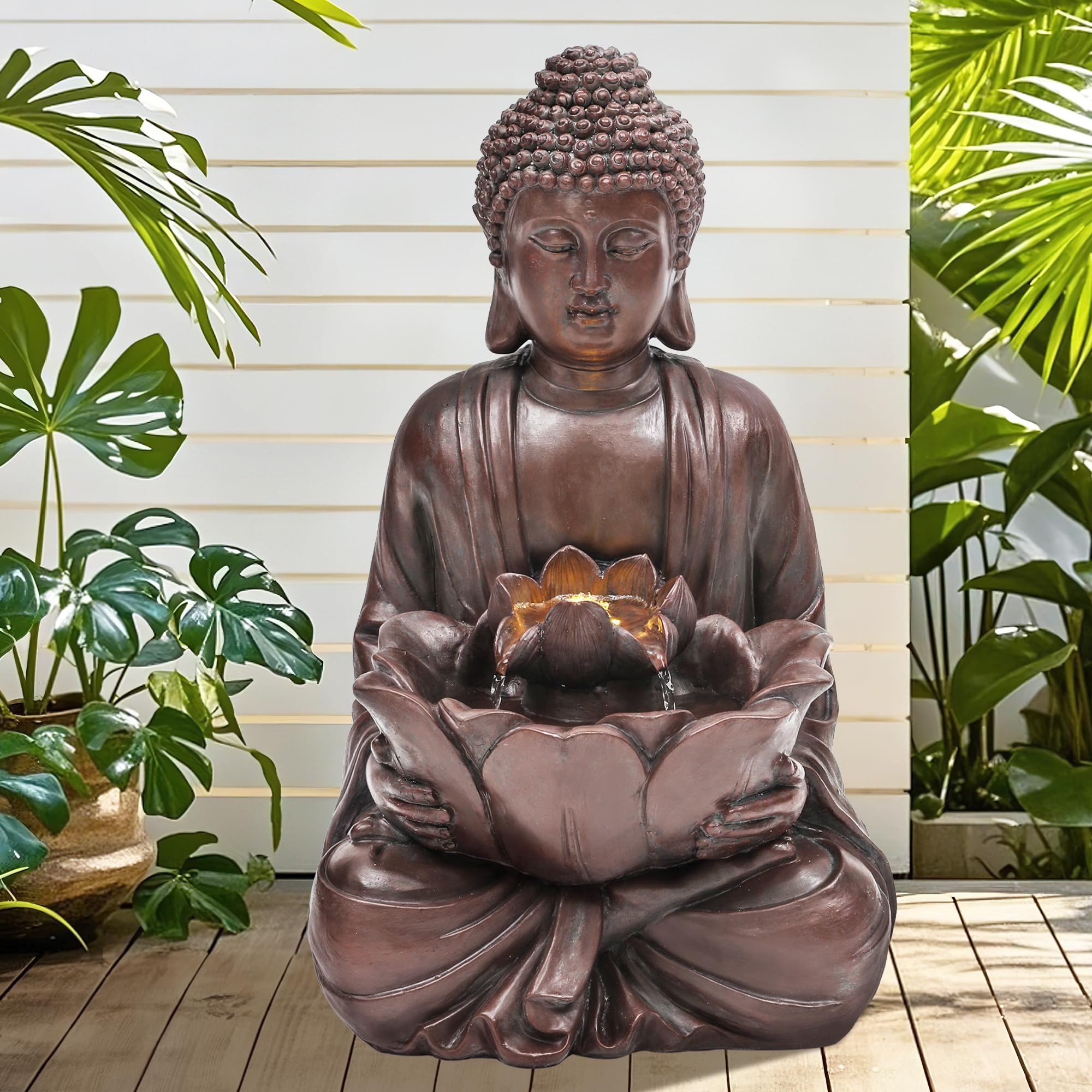 Ultym Zen Buddha placed in garden showing outdoor compatibility and tranquil atmosphere benefit